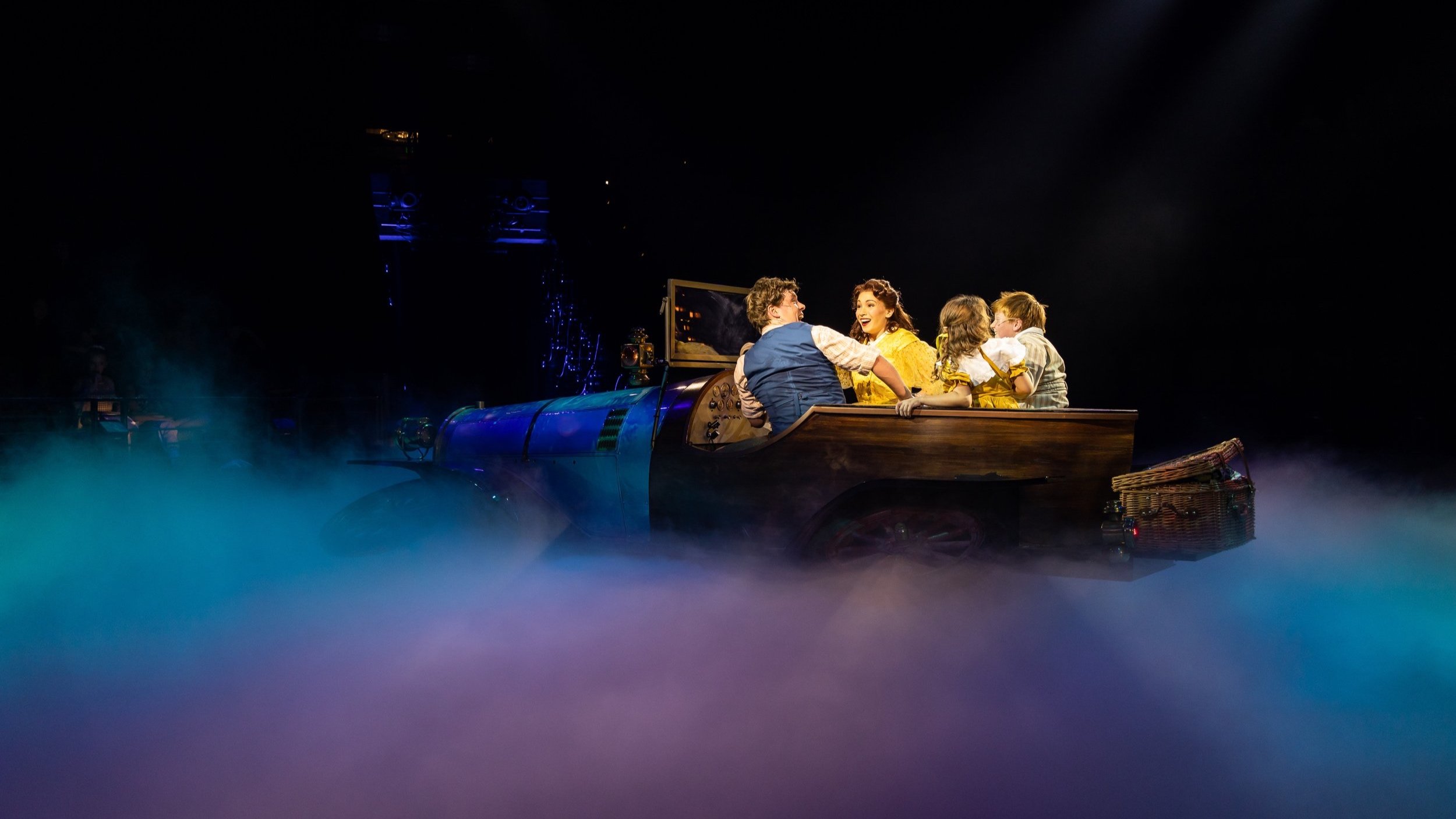 Teaira and cast mates on a flying car. From the musical Chitty Chitty Bang Bang.